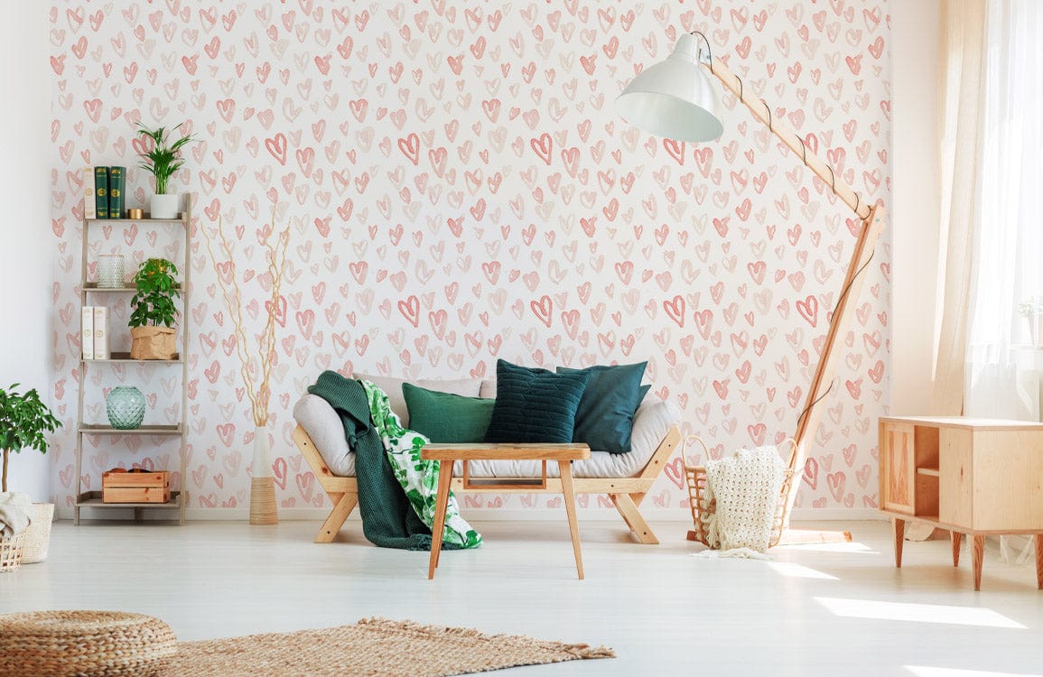 Charming pastel heart wallpaper, modern interior, light wooden furniture, cosy beige sofa, airy living room.