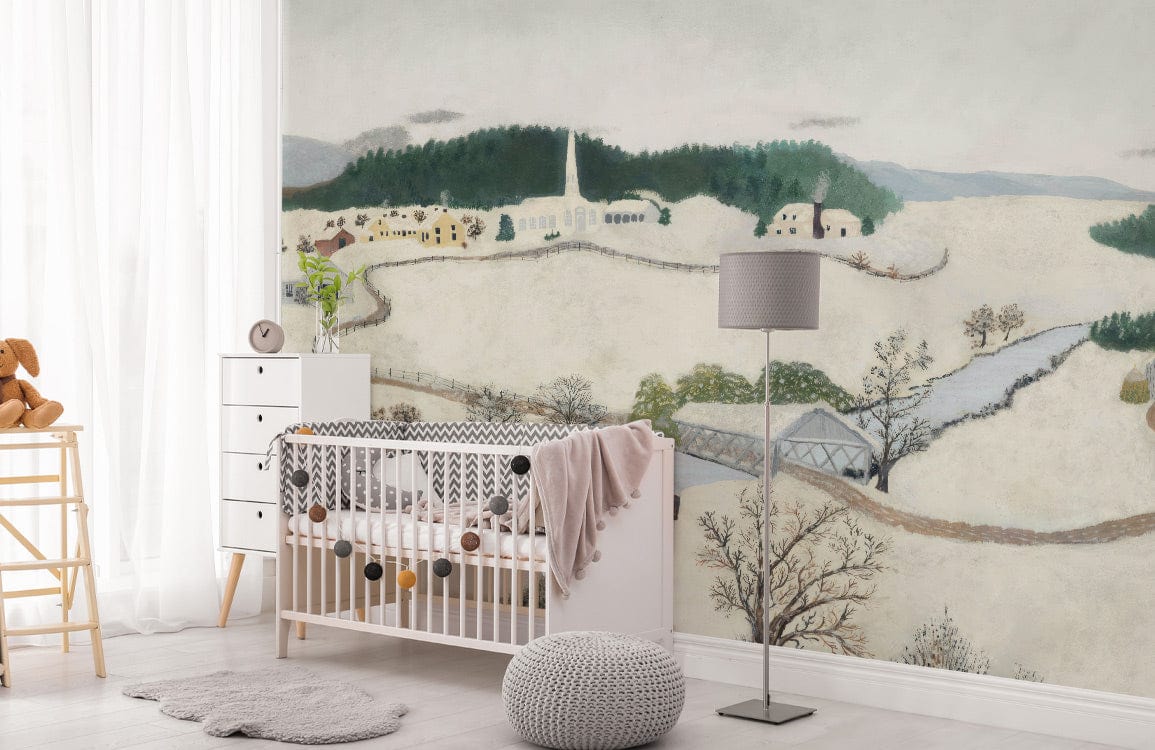 Vintage Winter Countryside Mural Wallpaper adorning nursery; serene snowy landscape, crib, floor lamp, grey rug.