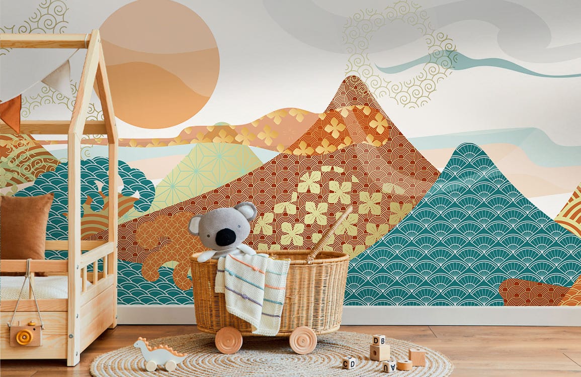 Nursery room with vintage Japanese wallpaper, earthy tones, geometric patterns, wooden floor, and cot.