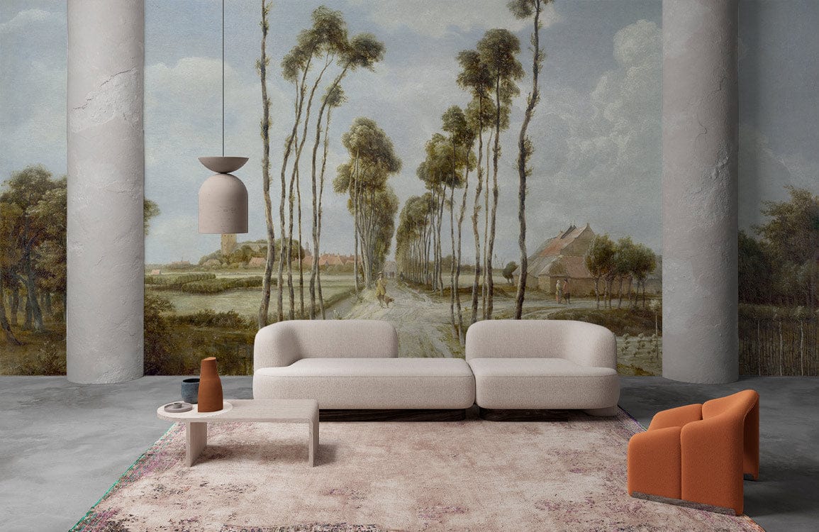 Vintage countryside mural wallpaper in earthy tones, modern beige sofa, minimalist rug, pendant light.