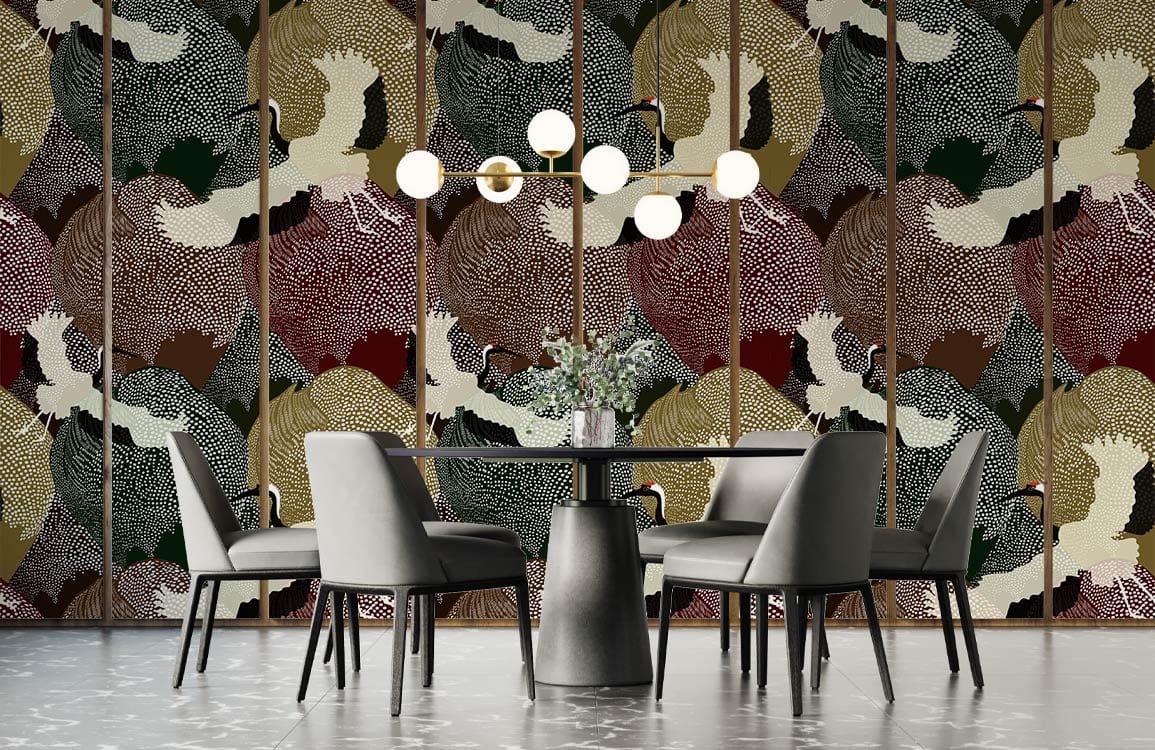 Elegant Crane Pattern Wallpaper with earthy tones in stylish dining room; grey chairs, modern chandelier.