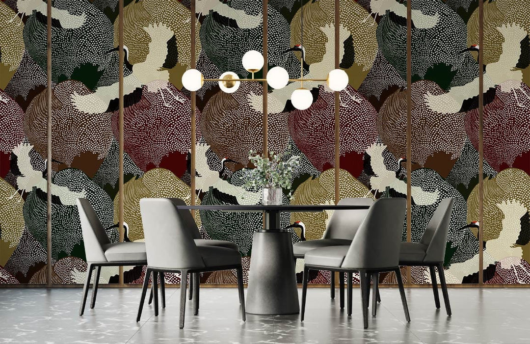 Elegant Crane Pattern Wallpaper with earthy tones in stylish dining room; grey chairs, modern chandelier.