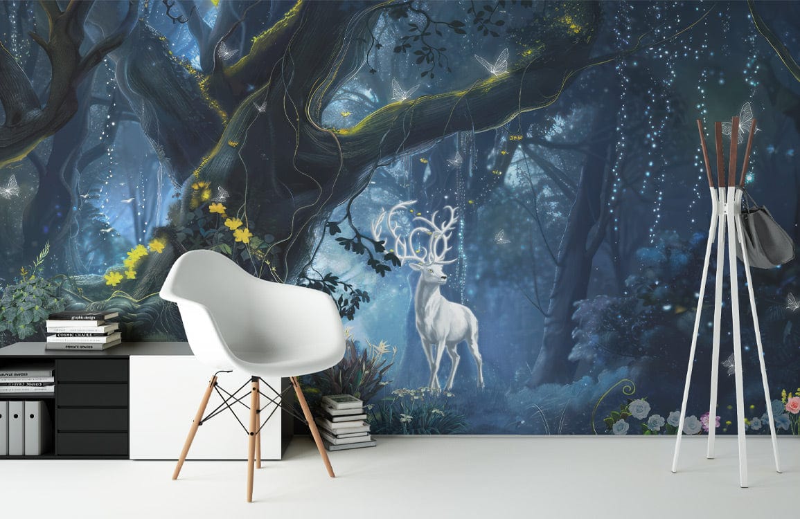 Mystical forest stag wallpaper in modern living room with white chair and minimalist design elements.