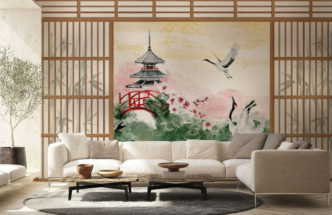 Elegant Japanese Crane mural wallpaper with red bridge, pagoda, cream sofa, grey rug, wooden flooring.