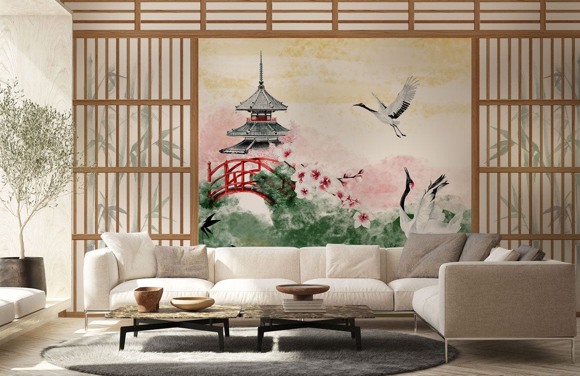 Elegant Japanese Crane mural wallpaper with red bridge, pagoda, cream sofa, grey rug, wooden flooring.
