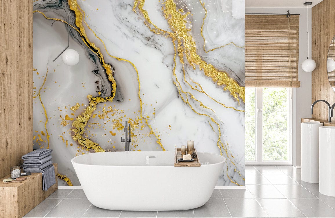 Luxury gold marble effect wallpaper with grey swirls in modern bathroom featuring white tub, wooden accents.