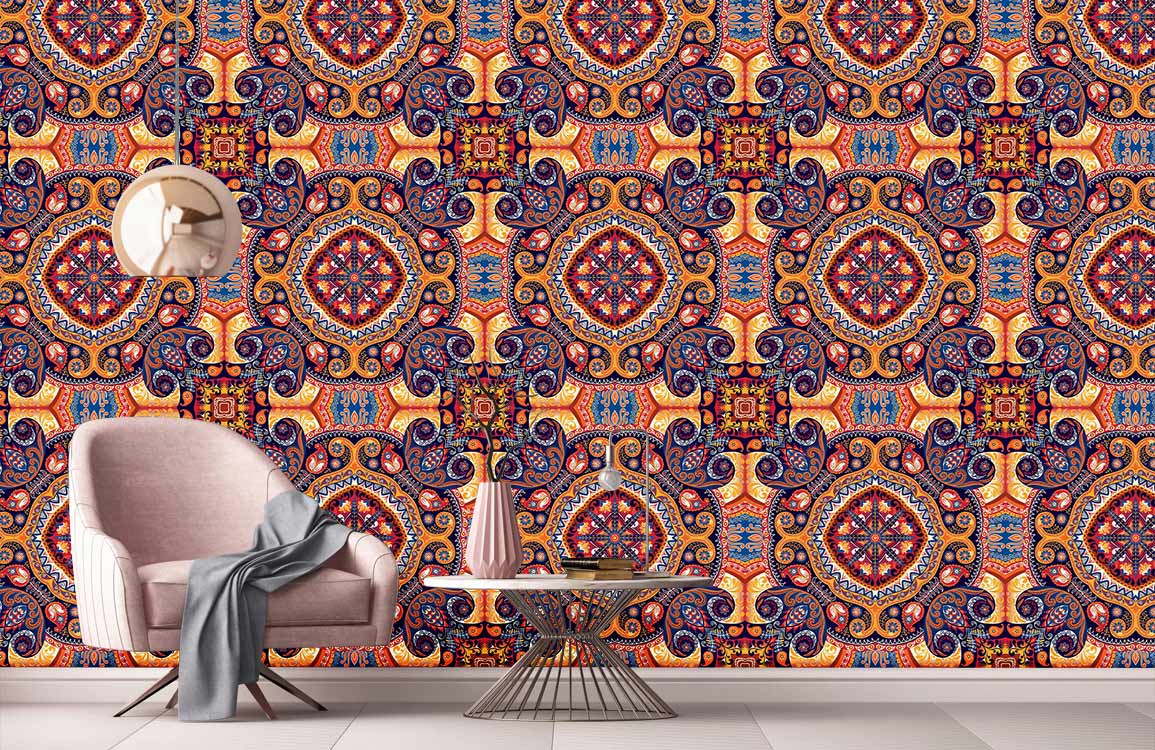Vintage Bohemian Mandala Wallpaper in earthy tones, pink armchair, modern round mirror, contemporary setting.