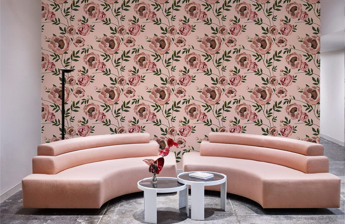 Vintage Floral Elegance wallpaper with pink curved sofa, concrete flooring in a modern living room.