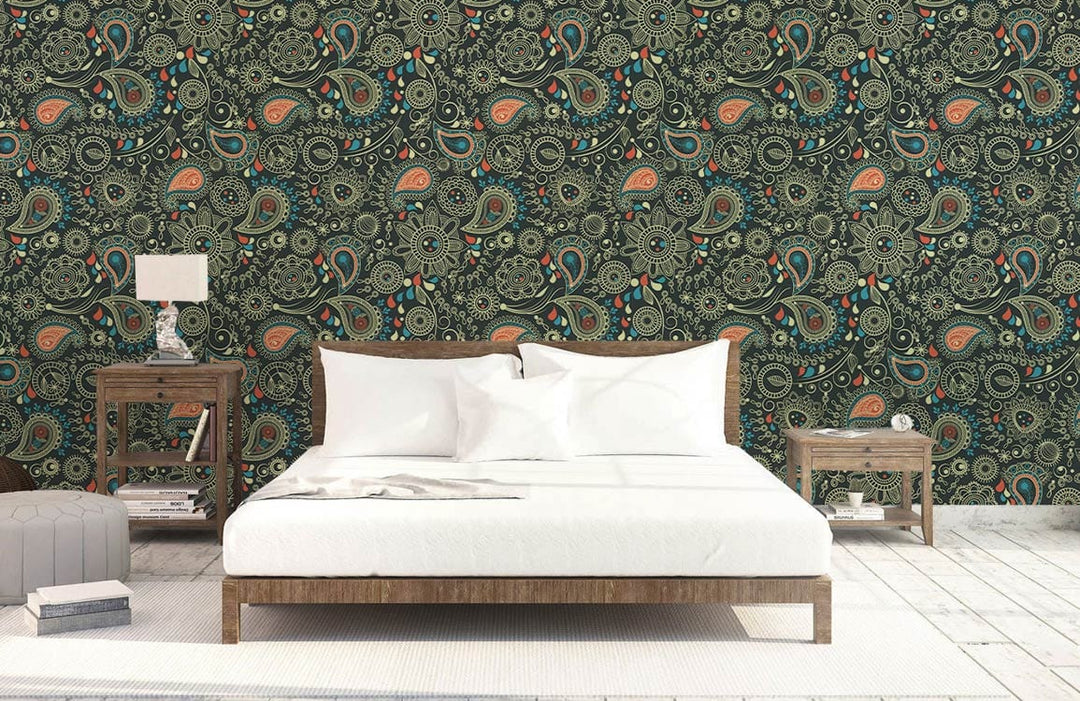Elegant Vintage Paisley Wallpaper in bedroom, featuring wooden bed, white bedding, rustic flooring.