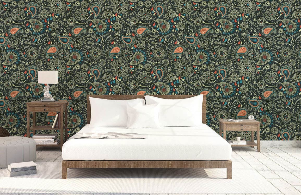 Elegant Vintage Paisley Wallpaper in bedroom, featuring wooden bed, white bedding, rustic flooring.
