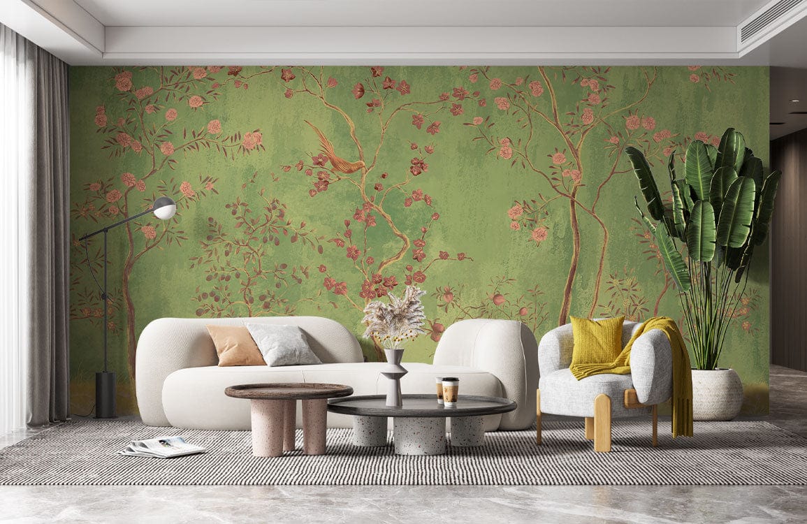 Elegant green chinoiserie wallpaper with birds, beige modern sofas, grey flooring, and minimalistic decor.