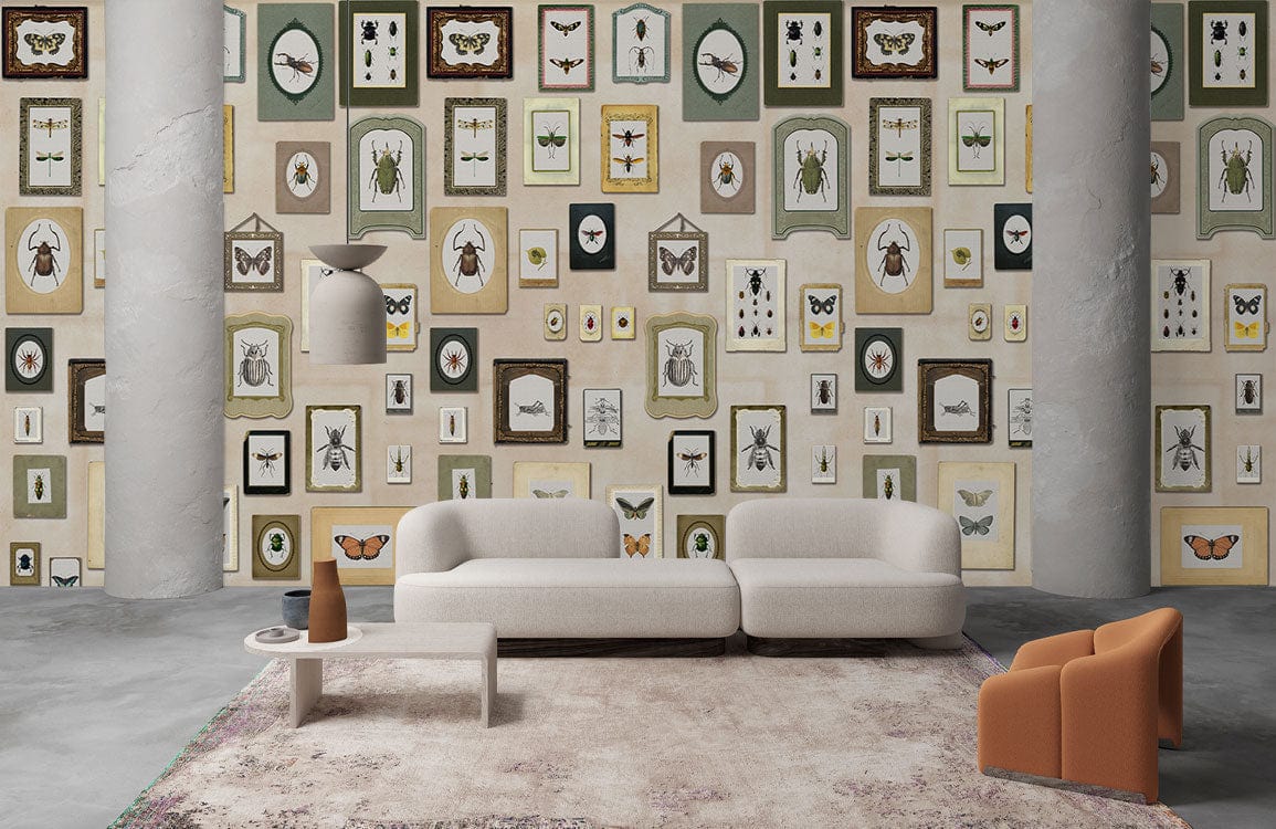 Antique insect collection mural wallpaper, earthy tones, vintage style, white sofa, grey flooring.