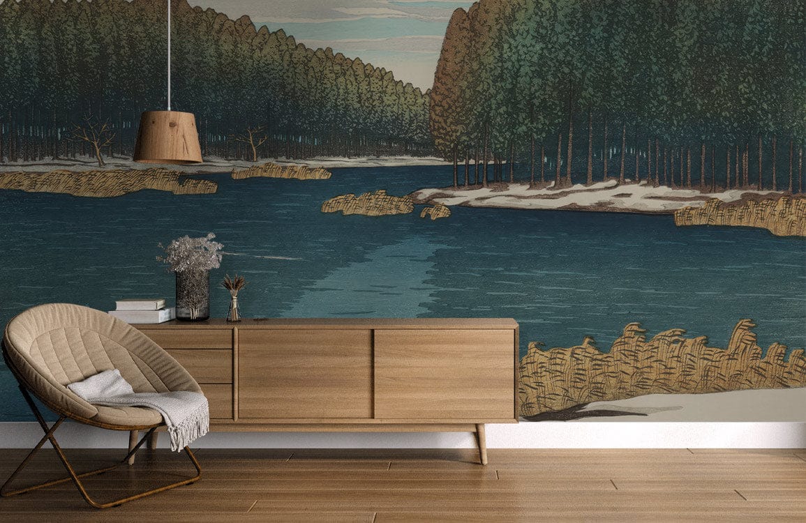 Serene Winter Lake mural wallpaper, natural wood credenza, modern chair, warm wooden flooring, tranquil room.