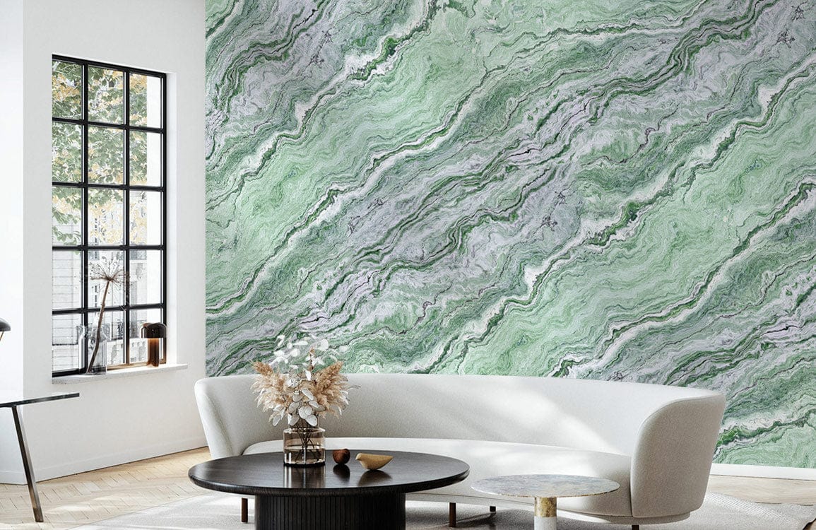 Elegant green marble effect wallpaper in modern living room with white sofa and black coffee table.