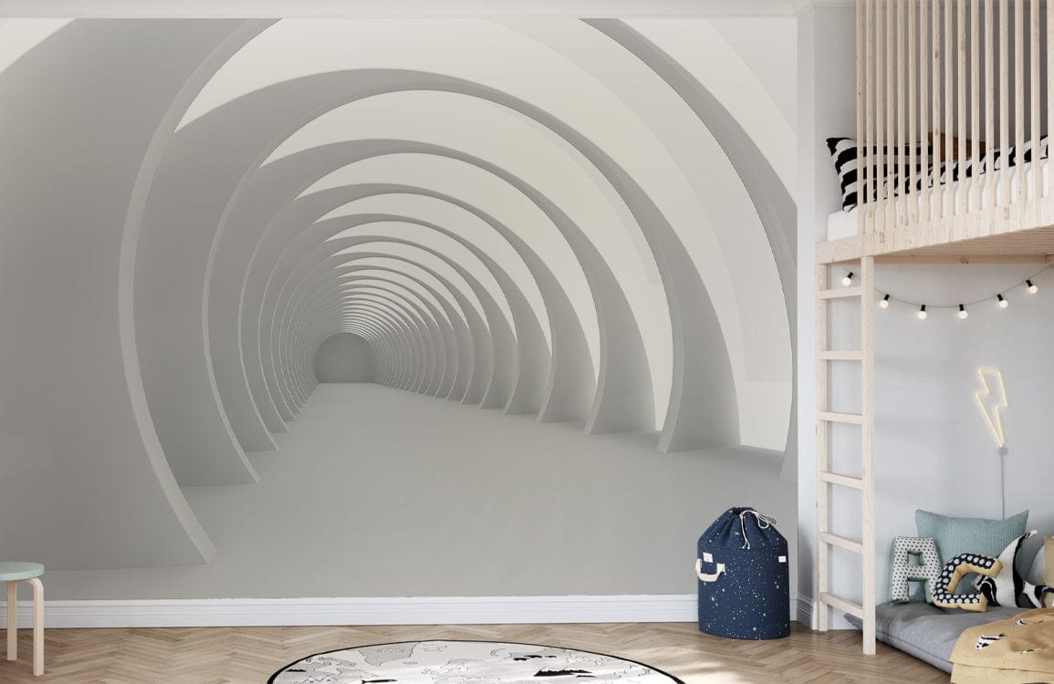 Futuristic white tunnel mural wallpaper in modern bedroom with loft bed, wooden flooring, and minimalist decor.