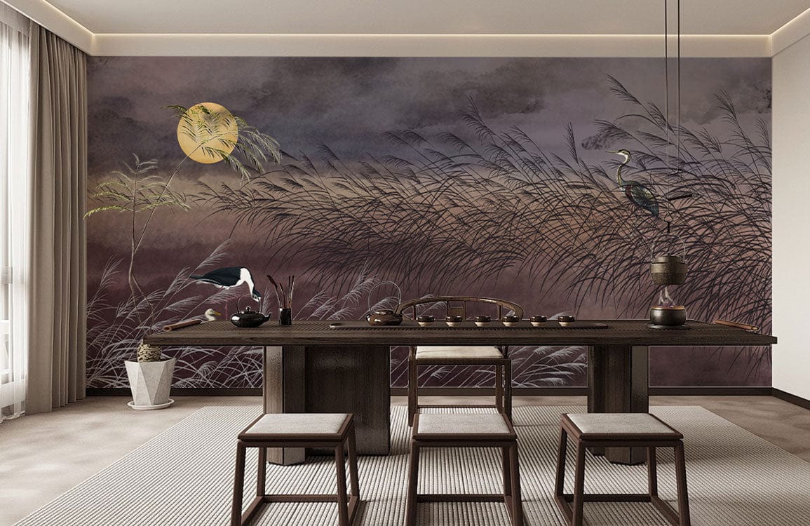 Tranquil moonlit heron scene mural, earthy tones, elegant dining room, dark wood table, neutral rug.