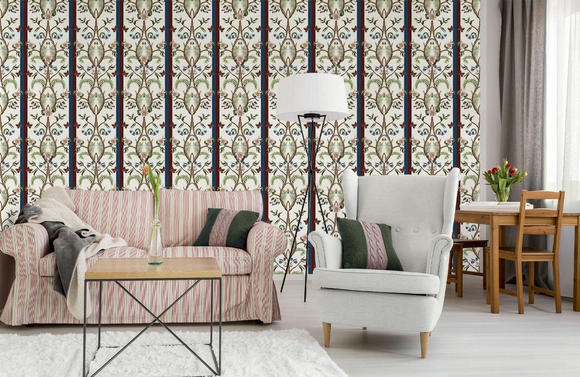 Elegant vintage floral wallpaper; beige sofa, white armchair, modern floor lamp, light wood flooring.