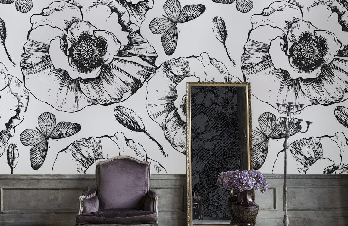 Monochrome floral butterflies wallpaper in elegant room with vintage mirror, purple armchair, wooden flooring.