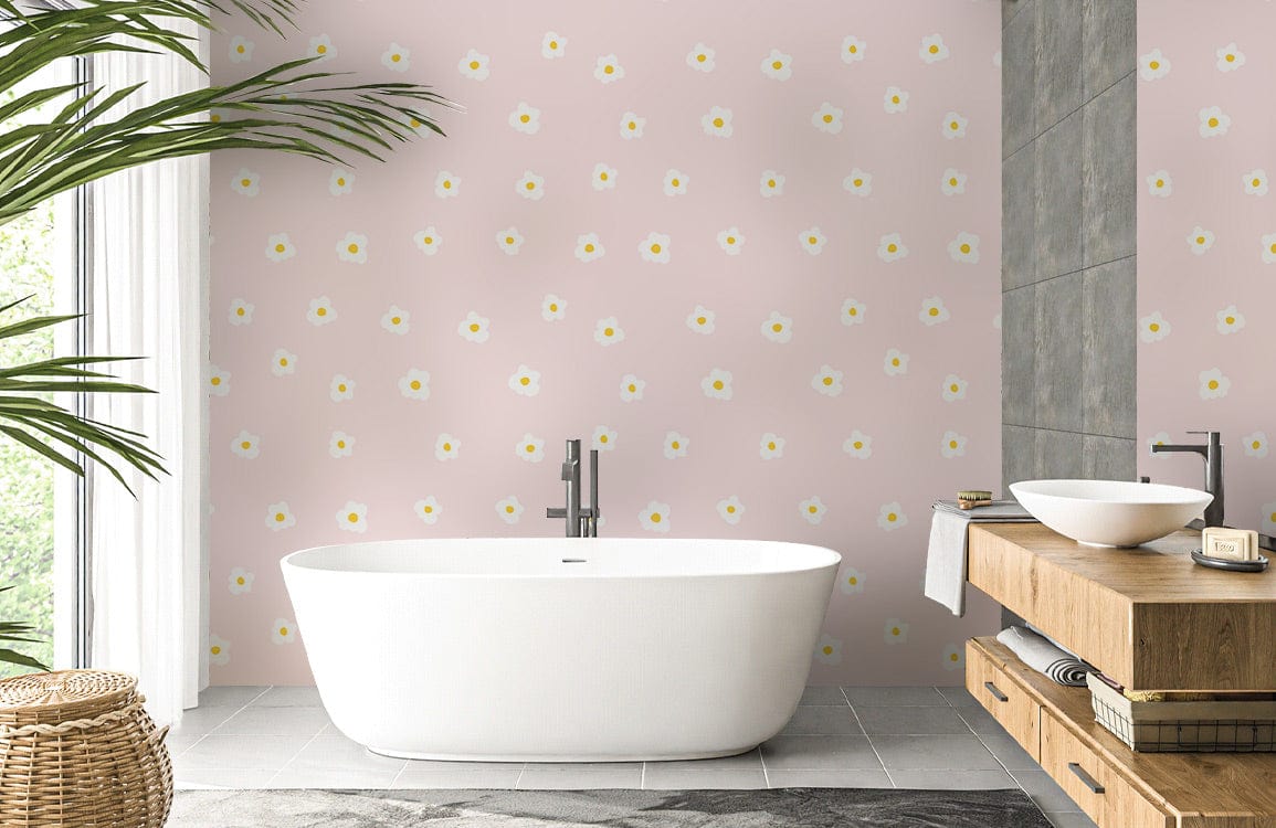 Pastel pink floral wallpaper with dainty daisies in modern bathroom, featuring sleek bathtub and tiles.