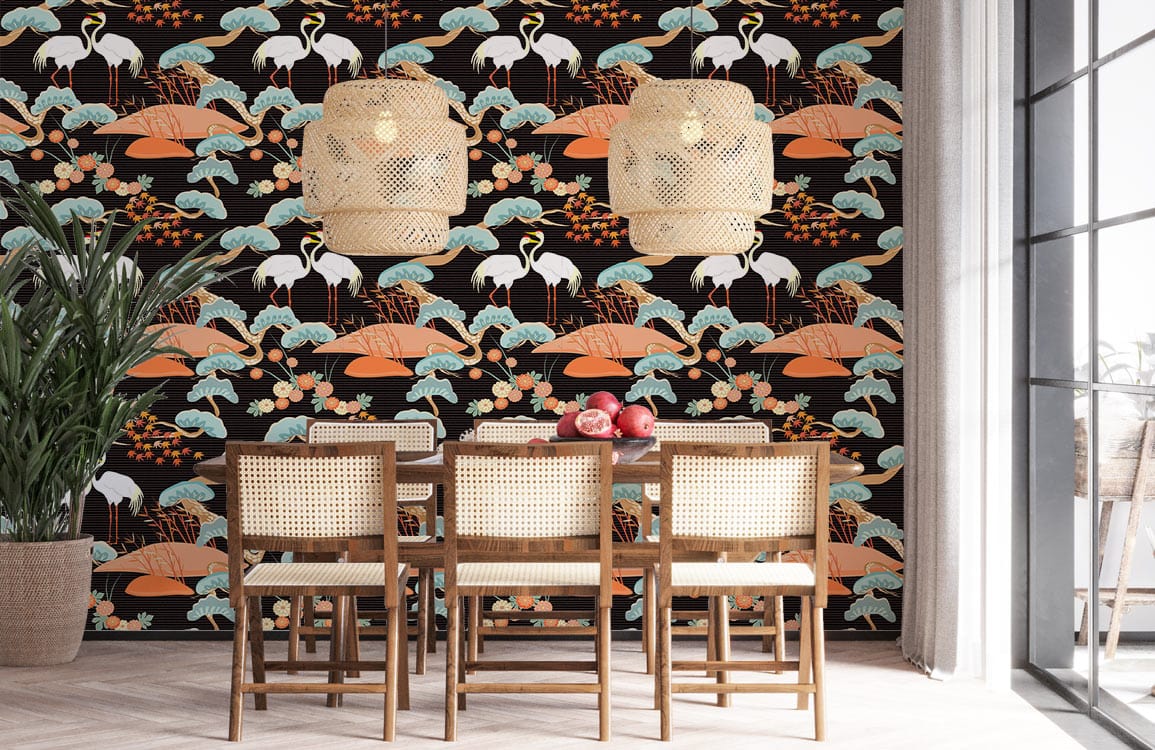 Vintage Japanese Crane mural wallpaper in dining room with wicker chairs, pendant lights, wood flooring.