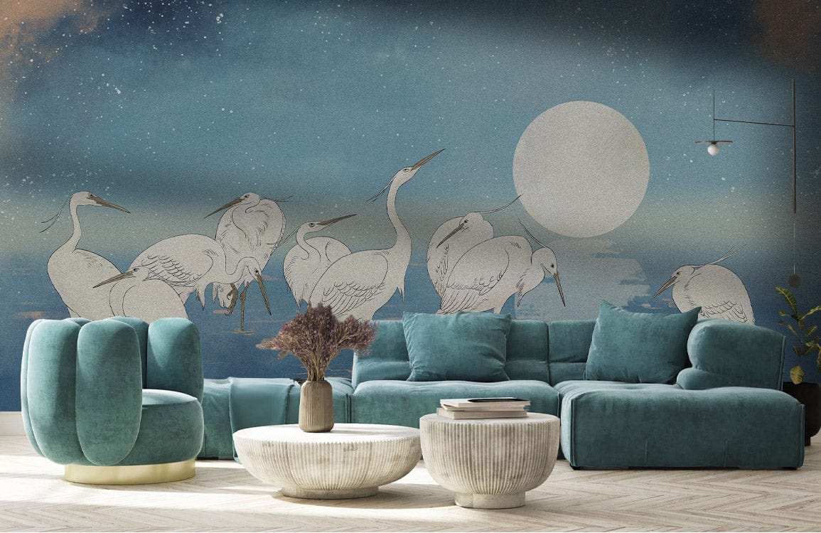 Blue Celestial Heron Sky Mural Wallpaper with teal sofa, round tables, and elegant beige flooring.