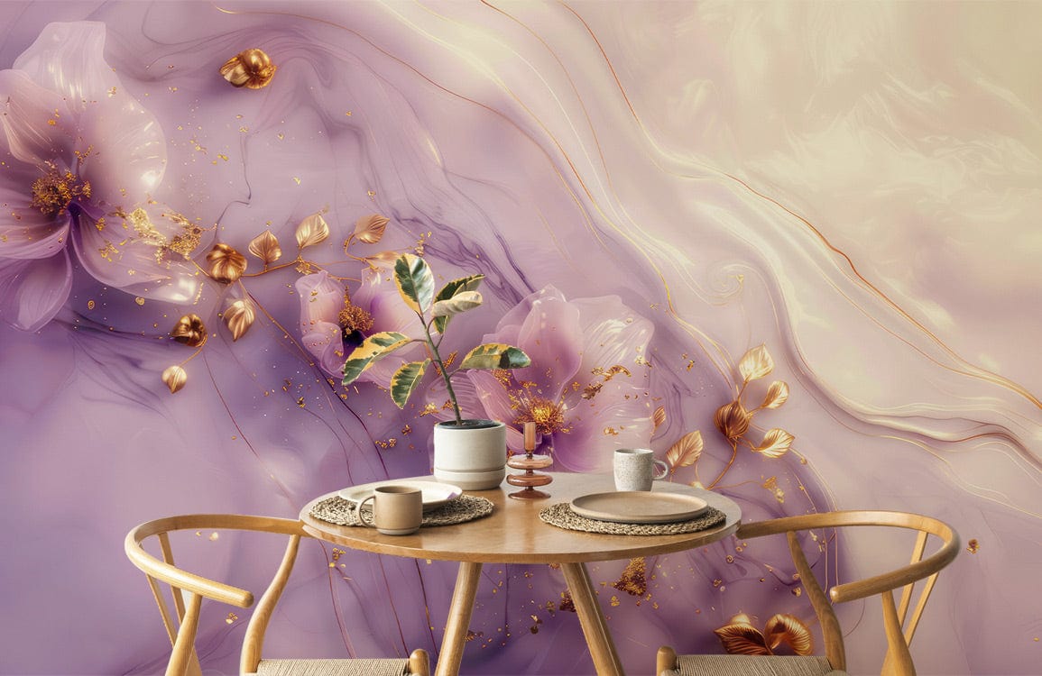 Luxurious lavender floral mural wallpaper with gold accents, wooden dining table, modern chairs, soft lighting.