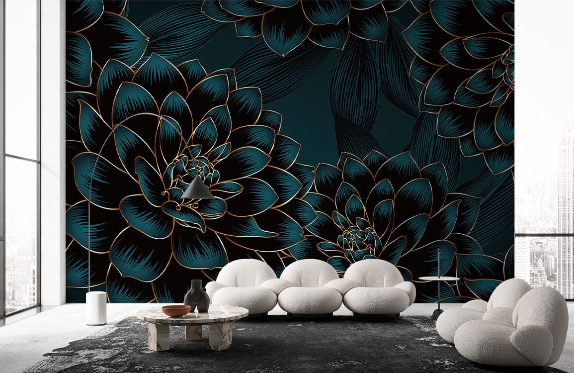 Luxurious botanical pattern wallpaper with white modern sofas and dark flooring in stylish room setting.