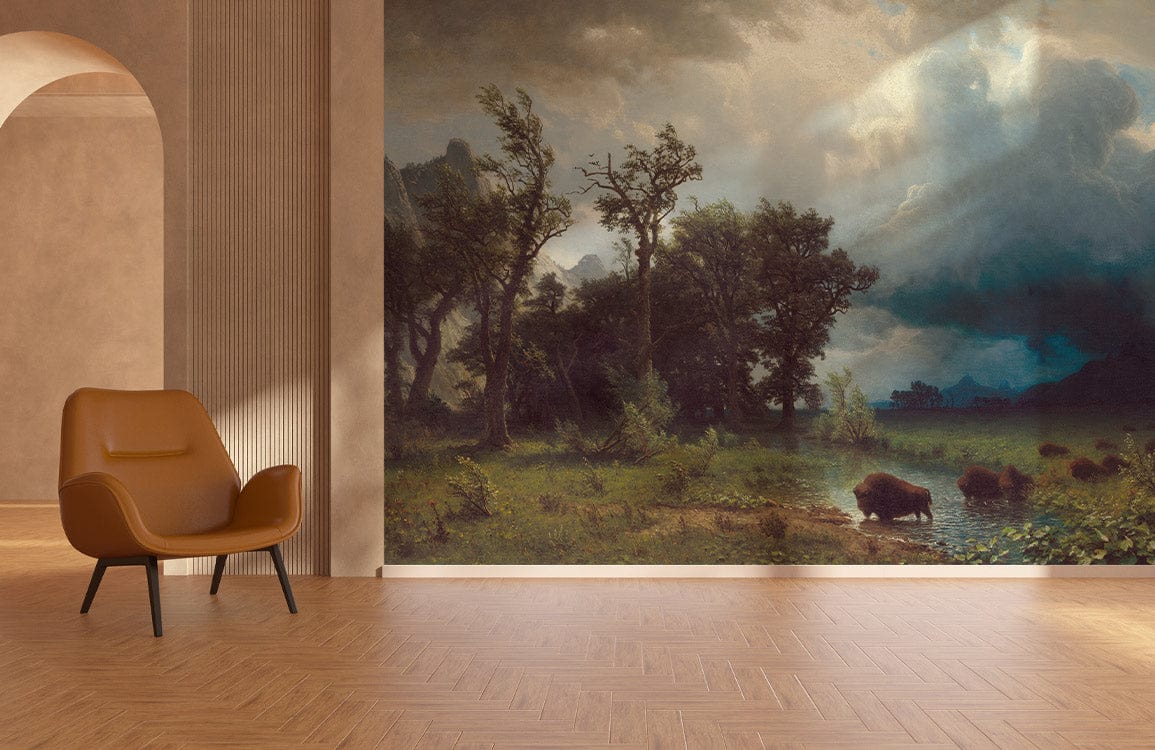 Majestic Wilderness Landscape Mural in rich tones with brown modern chair and parquet flooring.