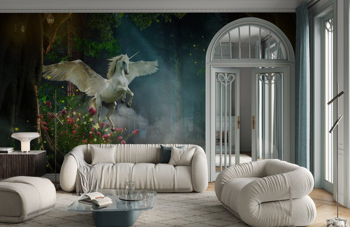 Magical Unicorn Enchanted Forest Mural with elegant white sofas in luxurious living room setting.