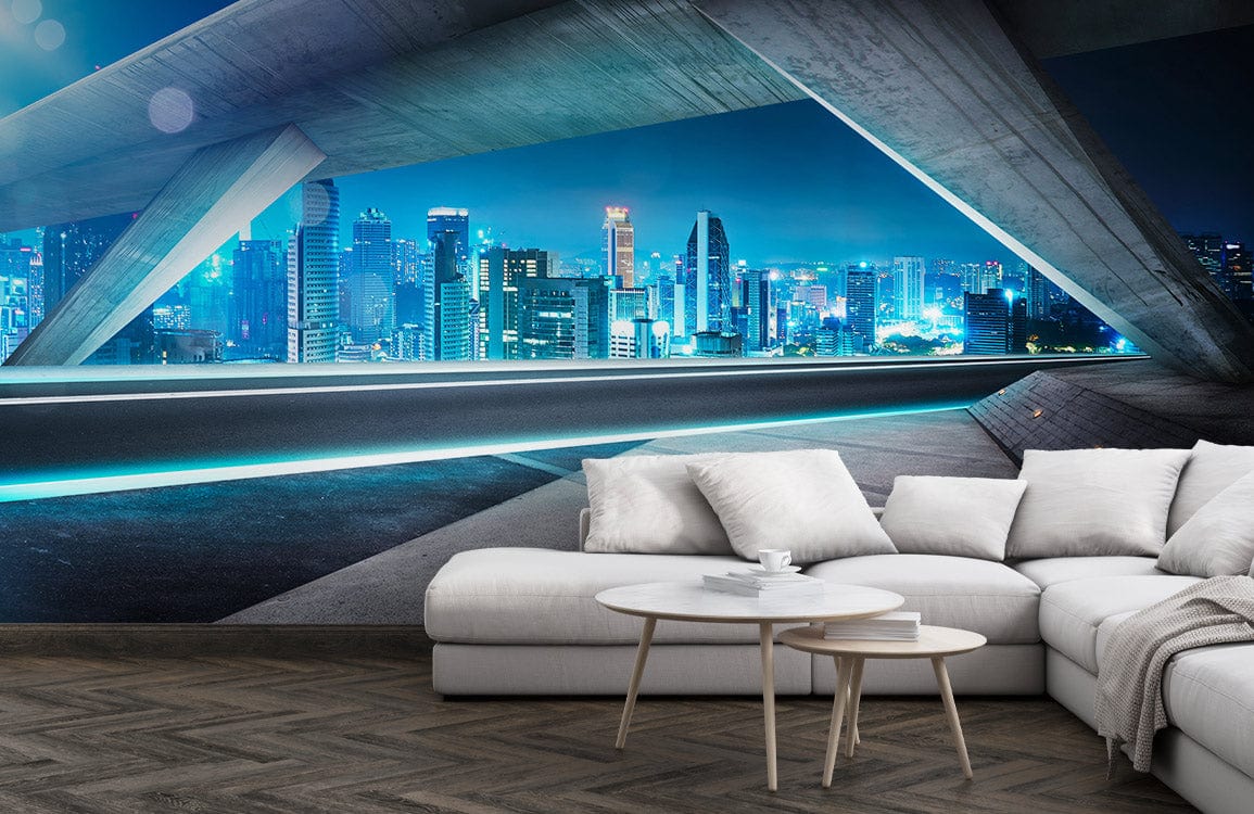 Futuristic cityscape mural in living room, white modern sofa, herringbone wood flooring, blue accents.