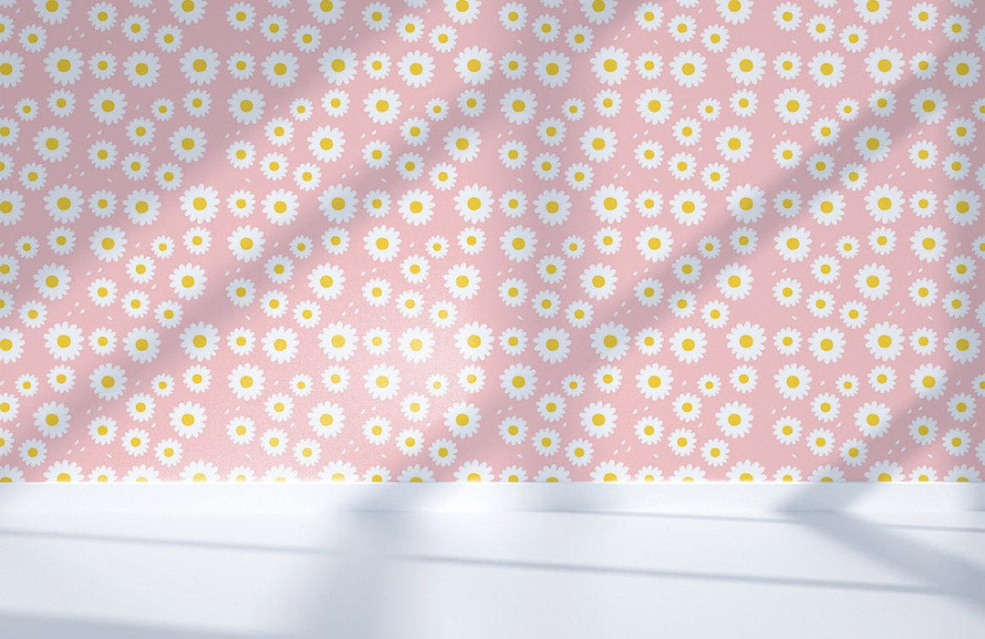 Charming Pink Daisy wallpaper featuring floral pattern adds vibrant touch to spring Décor. Ideal for lounge.