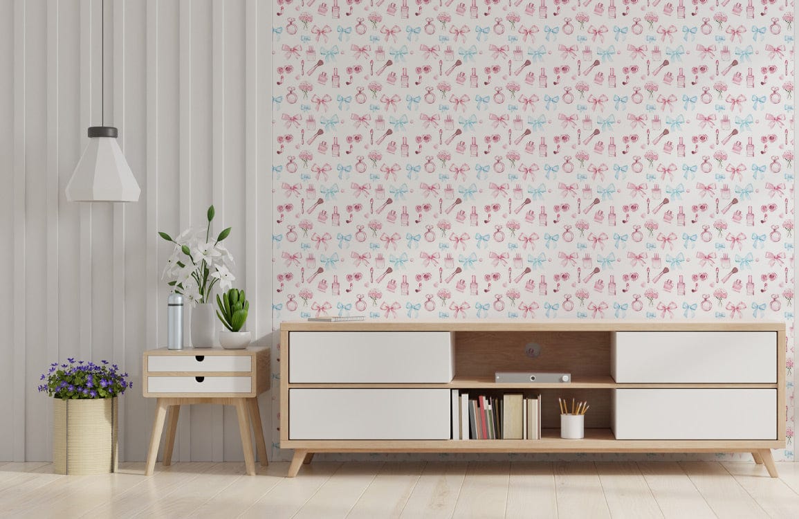 Pastel Floral Delight Wallpaper in a modern living room with wooden flooring and Scandinavian furniture.