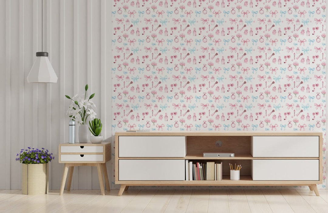 Pastel Floral Delight Wallpaper in a modern living room with wooden flooring and Scandinavian furniture.