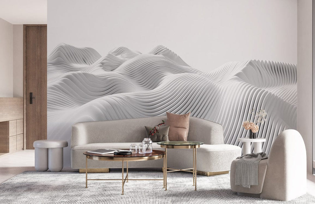 Elegant white 3D wave wallpaper in modern living room, beige sofa, wooden flooring, stylish decor.