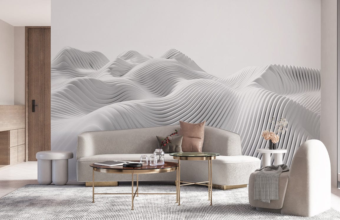 Elegant white 3D wave wallpaper in modern living room, beige sofa, wooden flooring, stylish decor.