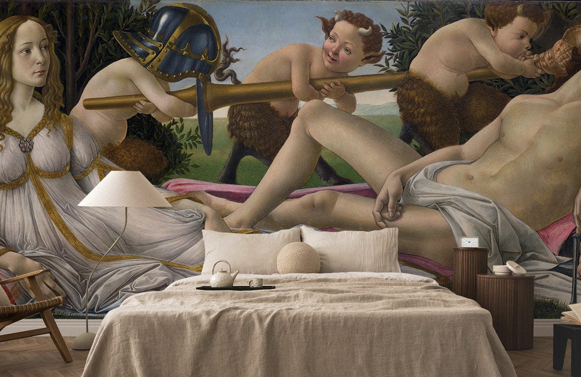Renaissance art mural wallpaper with Botticelli cherubs, beige bed linen, modern bedroom decor, wooden furniture.