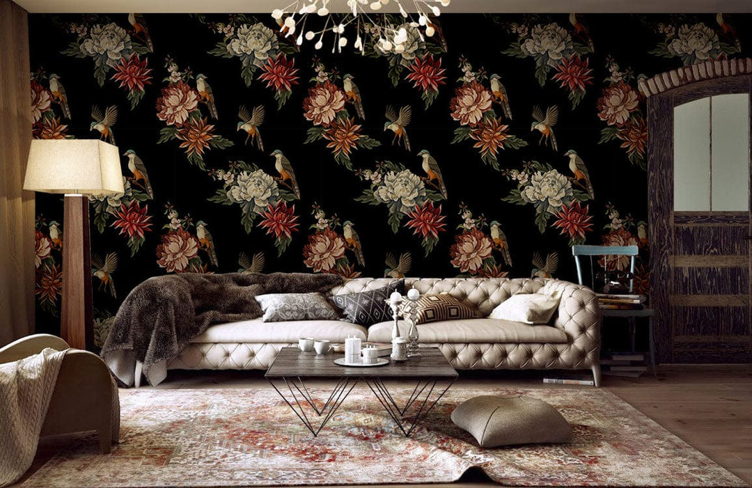 Elegant dark floral bird wallpaper mural, vintage design in living room with beige sofa and rug.