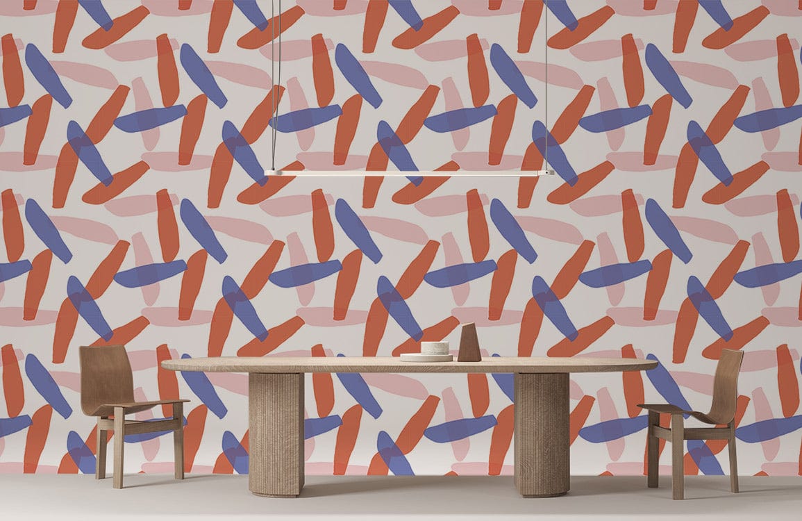 Geometric red and blue wallpaper, modern dining room, wooden table and chairs, minimalist lighting fixture.