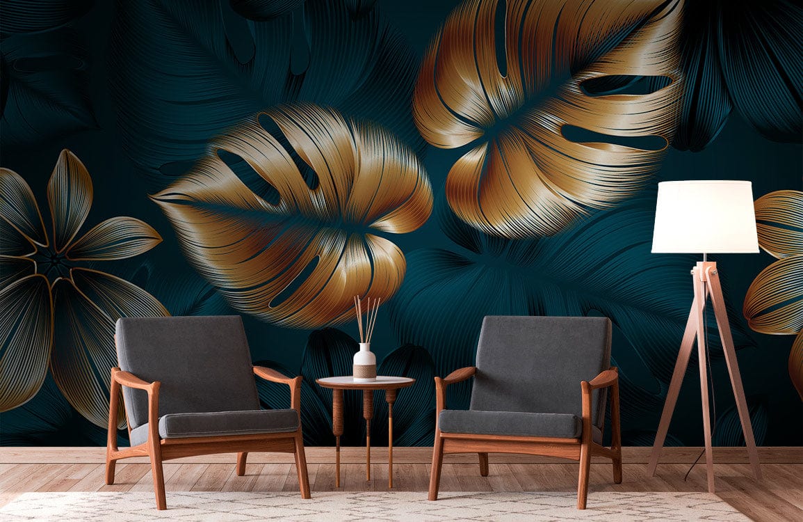 Golden Fern Leaf Elegance wallpaper, navy botanical pattern, grey armchairs, wooden floor, minimalist lighting.