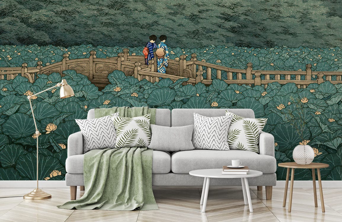 Serene Green Lotus Garden Mural Wallpaper in a living room with grey sofa and herringbone flooring.