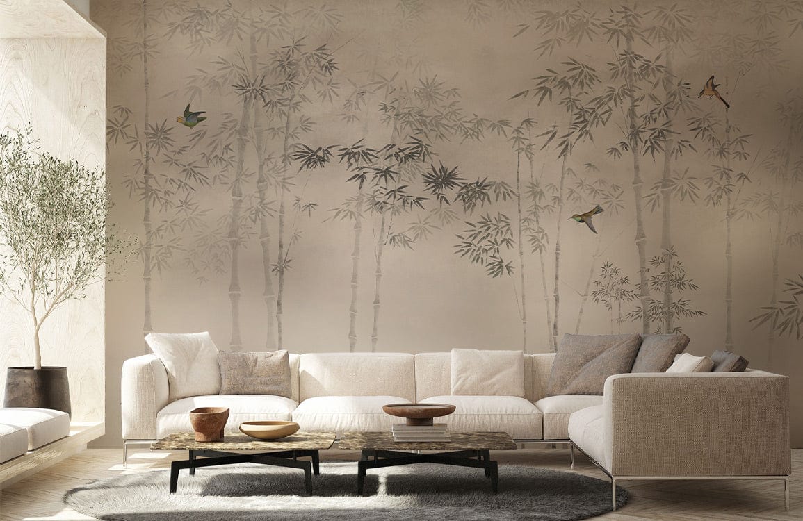 Elegant bamboo mural in subtle grey with birds, modern sofa, wooden flooring, neutral living room.