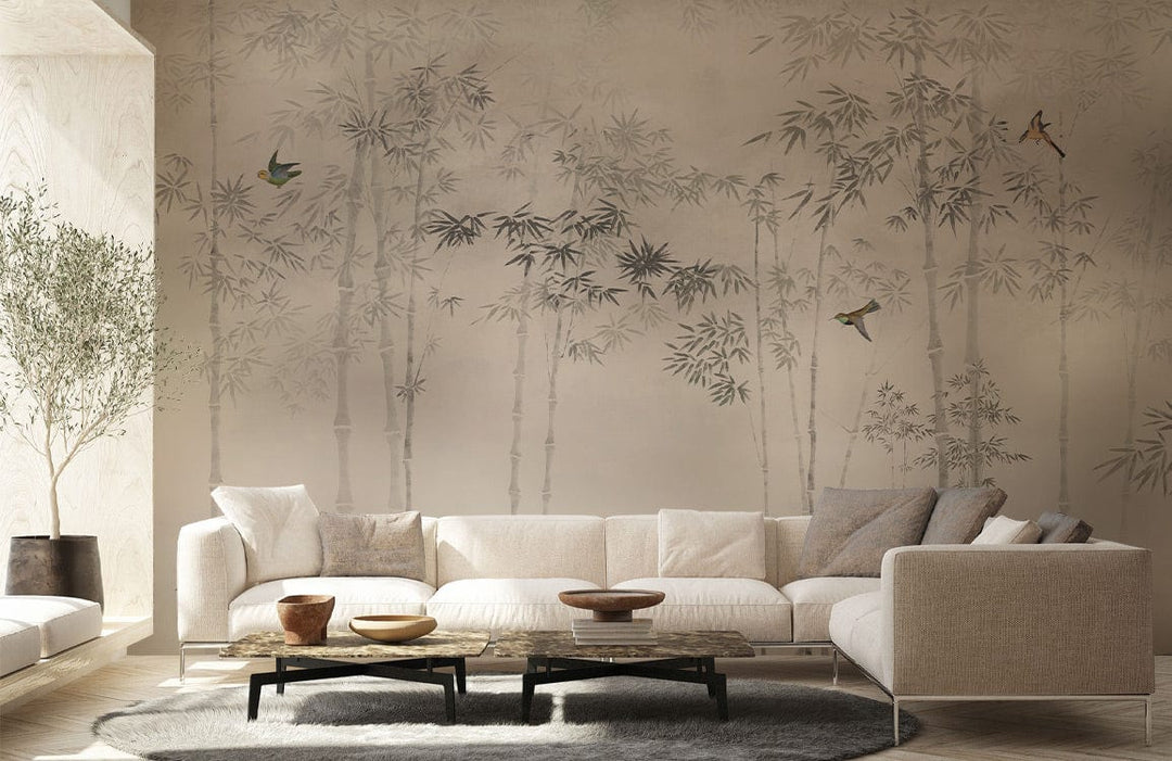Elegant bamboo mural in subtle grey with birds, modern sofa, wooden flooring, neutral living room.