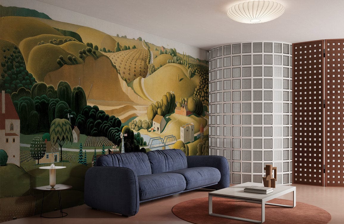 Idyllic Countryside Landscape Mural in living room with navy sofa, grid partition, round rug.