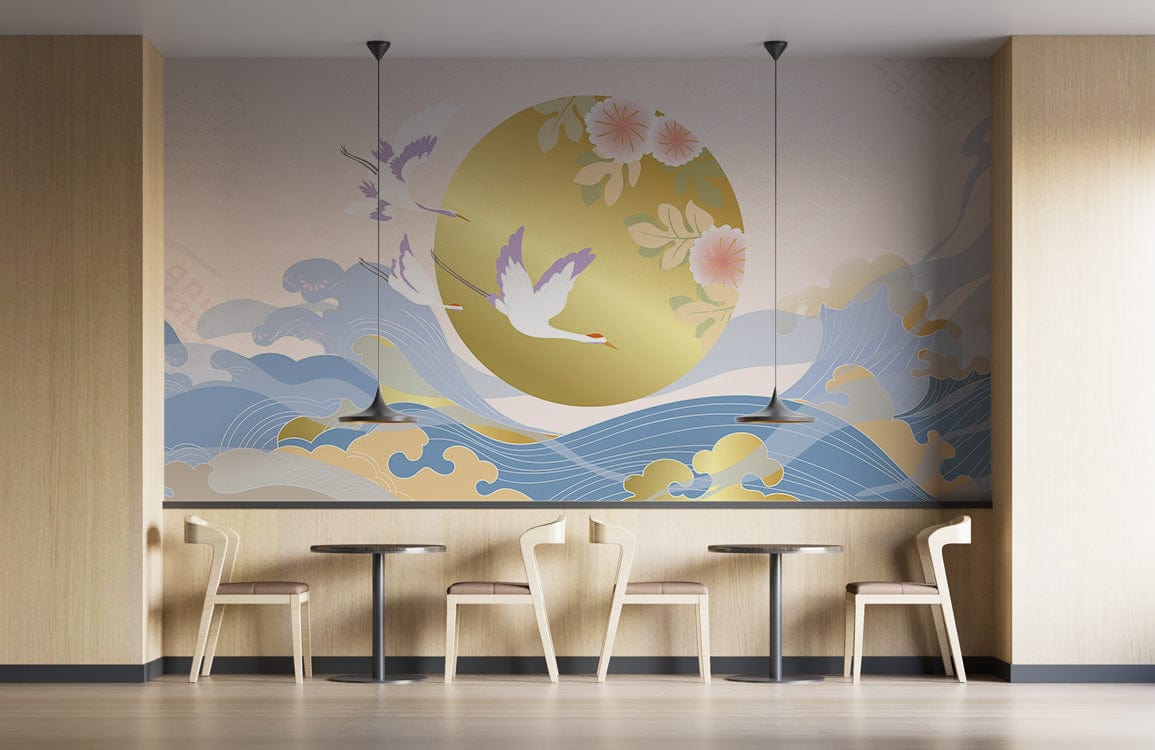 Elegant Oriental wallpaper with birds and waves, pastel and gold hues, wooden chairs, café setting.