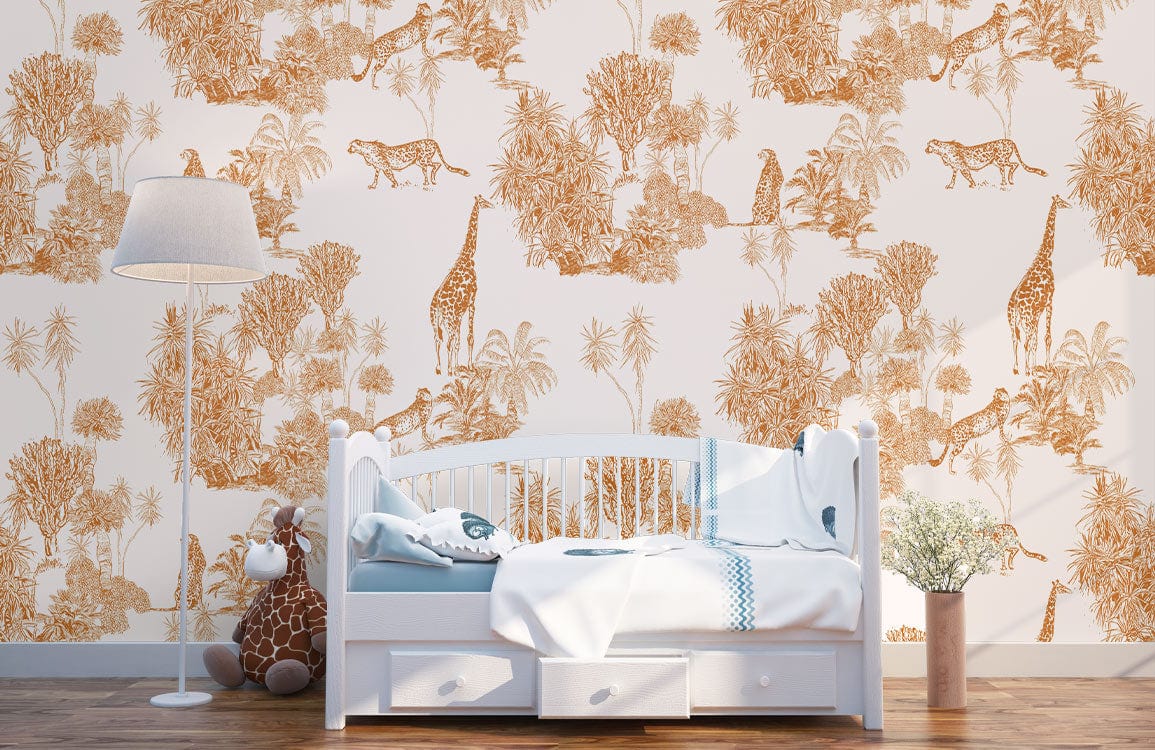 Vintage Safari Oasis wallpaper with orange giraffes, white daybed, wooden flooring, lamp in a bedroom.