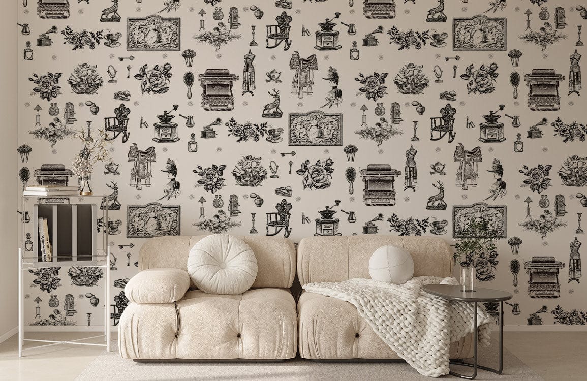 Vintage Monochrome Toile Pattern Wallpaper with beige sofa, modern table, hardwood flooring in a stylish lounge.