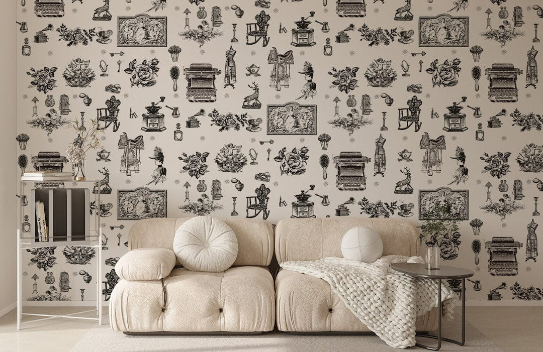 Vintage Monochrome Toile Pattern Wallpaper with beige sofa, modern table, hardwood flooring in a stylish lounge.