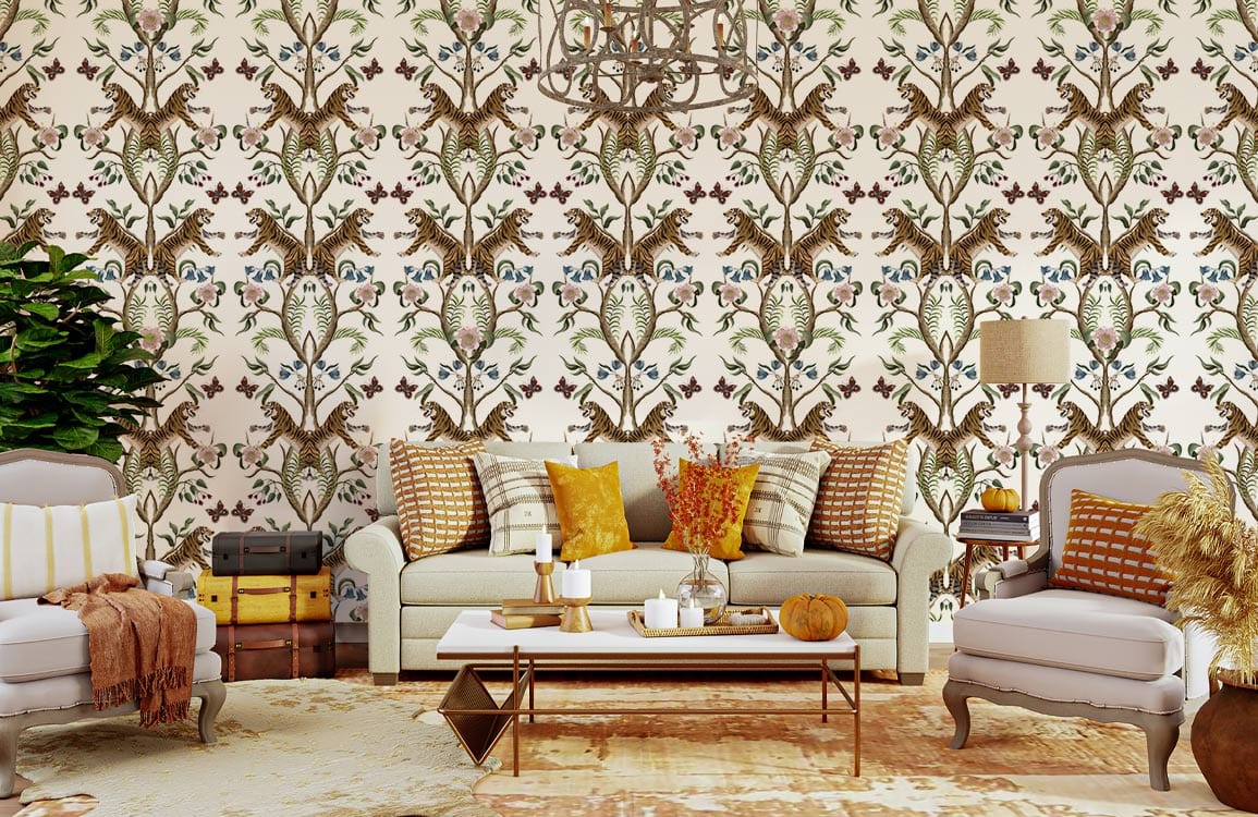 Victorian style vintage floral-patterned wallpaper, earthy tones, elegant living room, classic sofas, ornate decor.