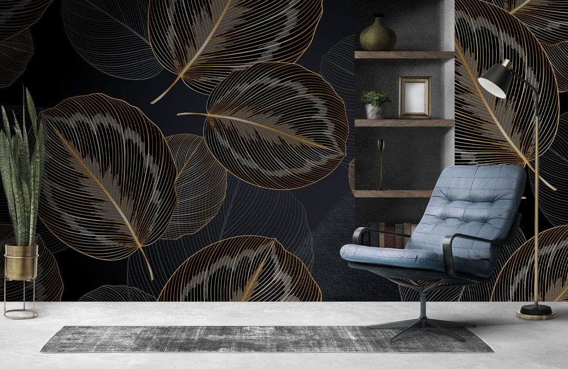 Luxurious gold leaf wallpaper with black background, modern design, blue armchair, grey rug.