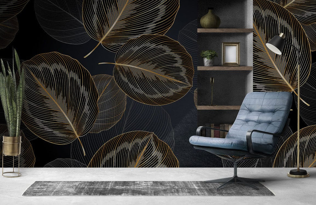 Luxurious gold leaf wallpaper with black background, modern design, blue armchair, grey rug.